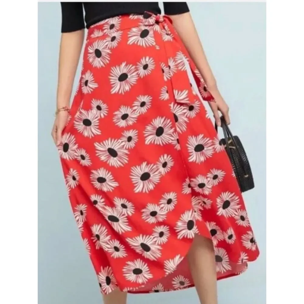 Anthropologie Conversations Limited Red Floral Wrap Skirt Size XS Boho Flowy - Picture 2 of 9